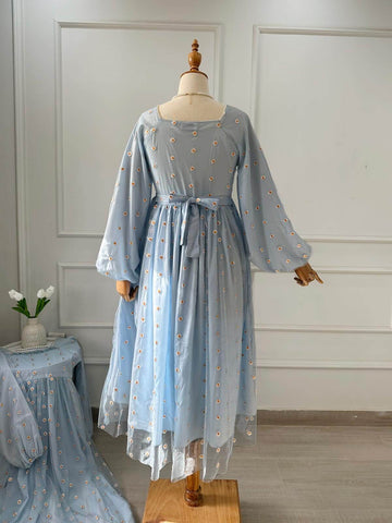 PEARLINA - PASTEL BLUE MESH EMBROIDERED FLORAL DRESS