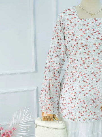 Close-up of V-neck and bell sleeve, white floral kurti
