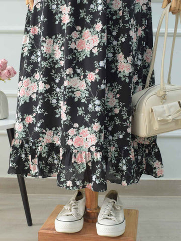ELARA - BLACK RUFFLE HEM FLORAL SKIRT