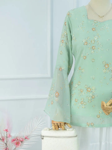 Close-up of sheer bell sleeve, green floral chiffon kurti