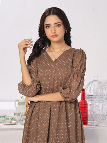 EDEN - GRAYISH BROWN POLKADOT LONG DRESS