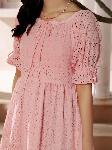 CLAIRE - PINK CUTWORK EMBROIDERED DRESS