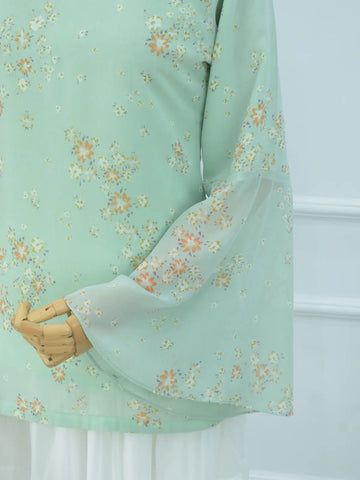 Side view of Fiora pastel green kurti, bell sleeves