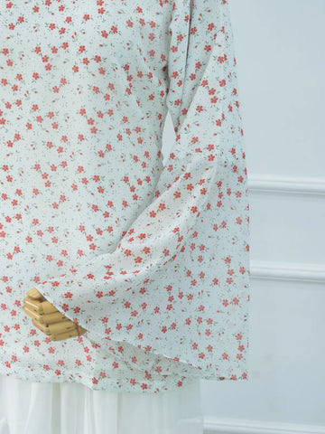 Close-up of sheer bell sleeve, white floral chiffon kurti