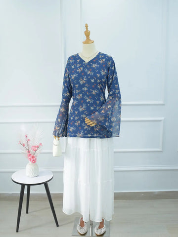 Virelia blue floral kurti styled with white palazzo, full look