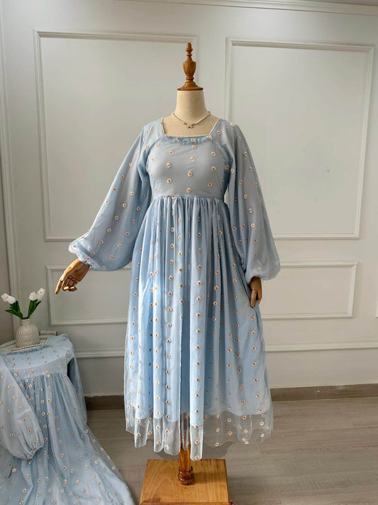 PEARLINA - PASTEL BLUE MESH EMBROIDERED FLORAL DRESS