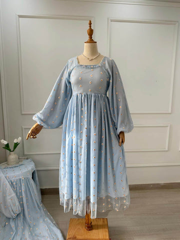 PEARLINA - PASTEL BLUE MESH EMBROIDERED FLORAL DRESS