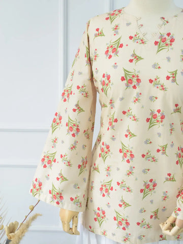 Full sleeve and hem detail of Rosie Bloom beige kurti – red tulip floral print on soft ivory lawn cotton fabric
