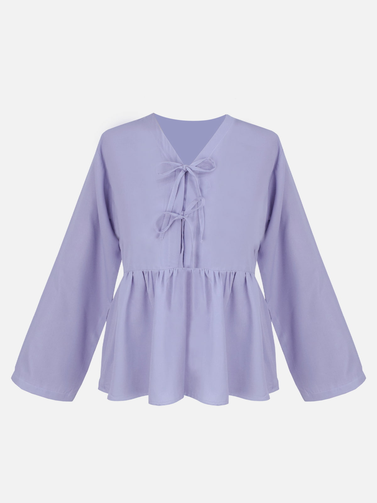 Flat lay front view of lilac long sleeve peplum blouse with double tie bow neckline
