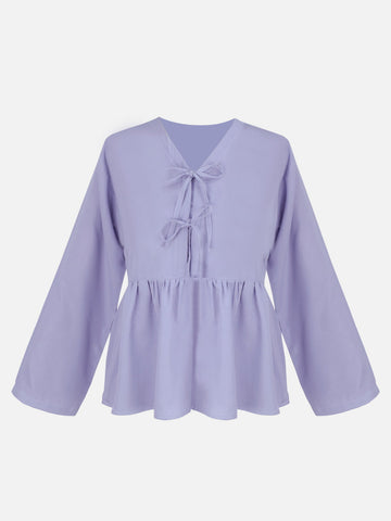 Flat lay front view of lilac long sleeve peplum blouse with double tie bow neckline