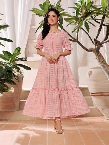 CLAIRE - PINK CUTWORK EMBROIDERED DRESS