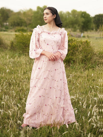 PINK EVRIN - FLORAL EMBROIDERED LONG DRESS