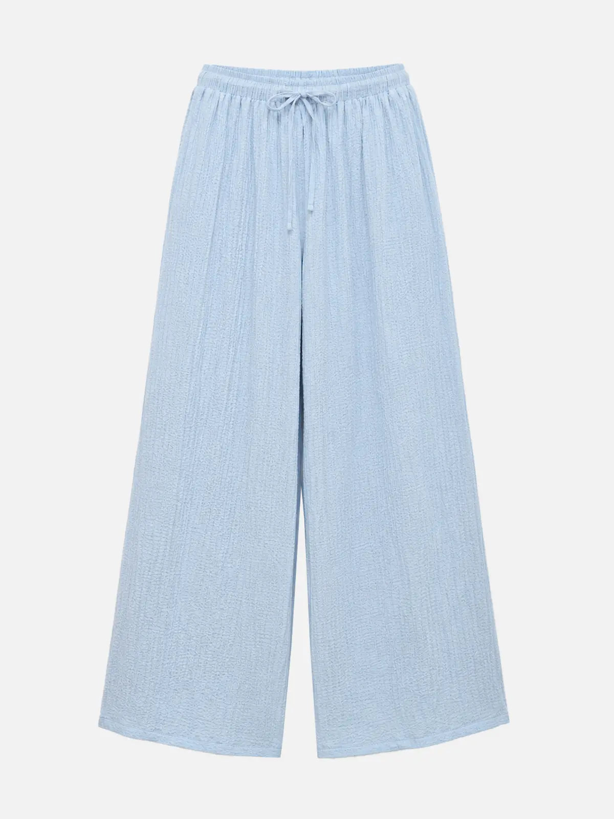 Marina textured blue wide-leg pants flat lay – pastel blue, elasticated drawstring waistband, wide relaxed leg, breathable textured fabric