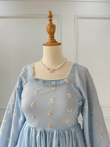 PEARLINA - PASTEL BLUE MESH EMBROIDERED FLORAL DRESS