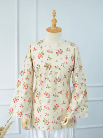 Left side view of Rosie Bloom kurti – wide bell sleeves with scattered red and blue floral print on beige lawn cotton