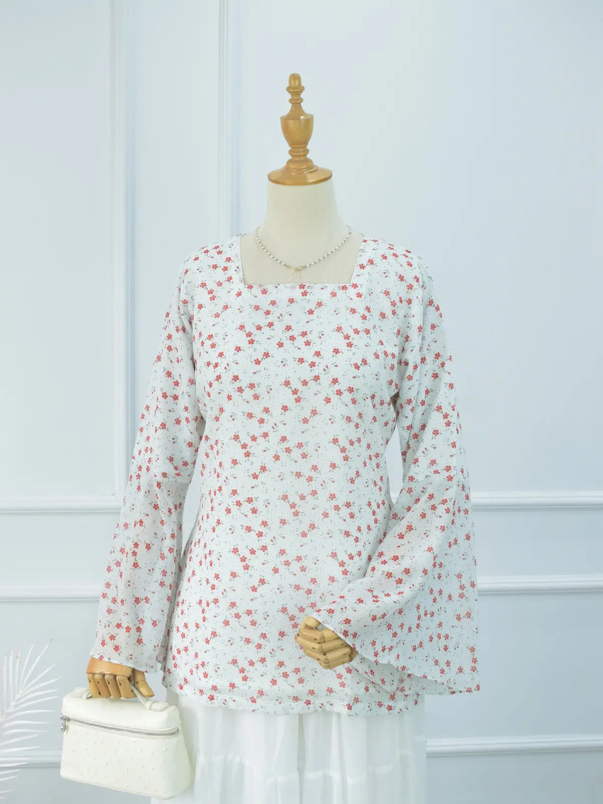 Elvina white floral fairy kurti, front view on mannequin