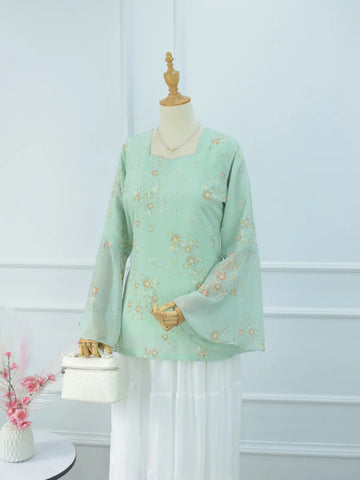 Fiora pastel green floral fairy kurti, front view on mannequin