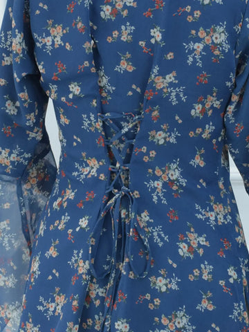 Close-up of corset lace-up back on blue floral kurti