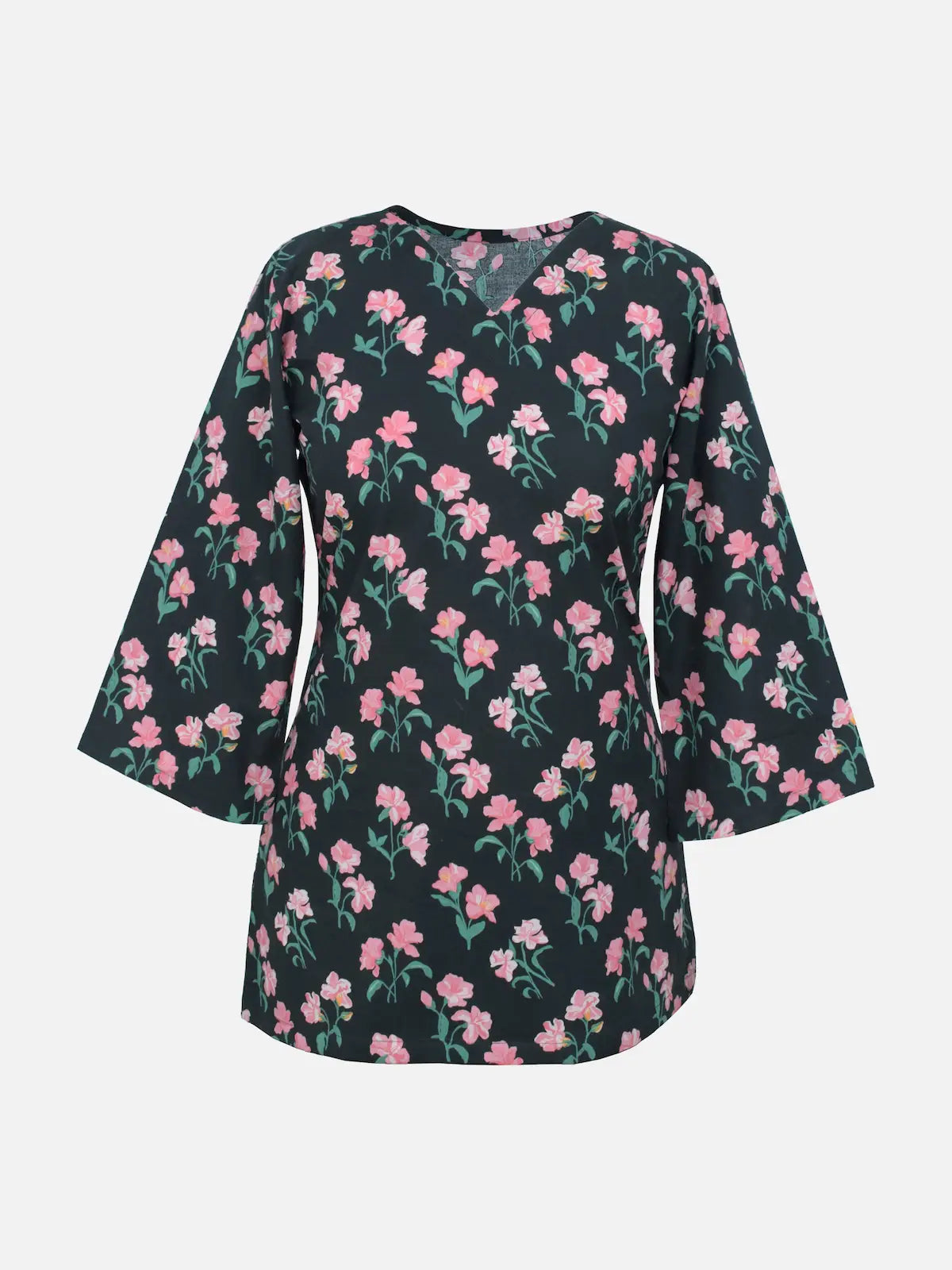 Back view of Black Petal black floral corset kurti – corset lace-up with ribbon tie, quarter sleeves, black shalwar styling on mannequin
