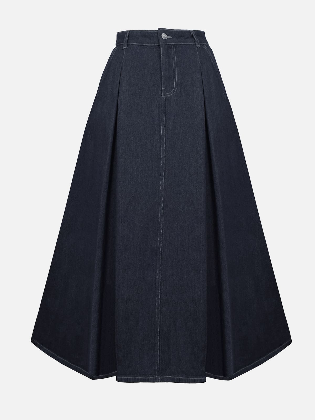 Flat lay front view of charcoal blue pleated A-line denim maxi skirt with button waistband