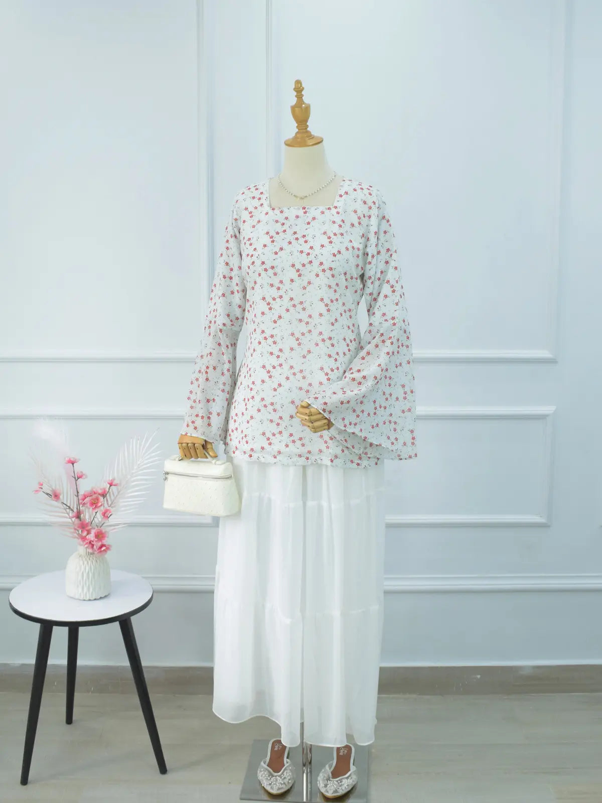 Elvina white floral kurti styled with white palazzo, full look