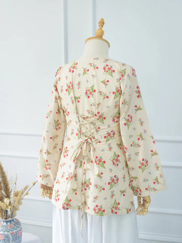 Rosie Bloom lawn cotton fabric close-up – delicate red, pink and blue floral print on soft ivory base, lightweight texture