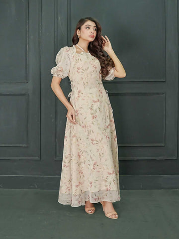 EVELYN - BEIGE FLORAL LONG DRESS