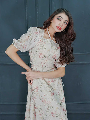 EVELYN - BEIGE FLORAL LONG DRESS