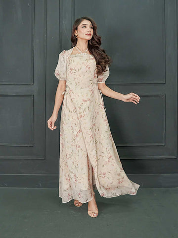 EVELYN - BEIGE FLORAL LONG DRESS