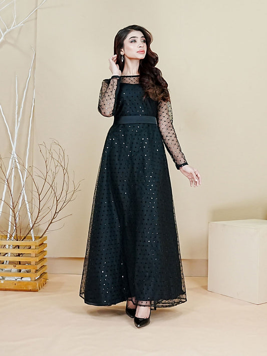 BLACK RUTH - EMBROIDERED LONG NET DRESS