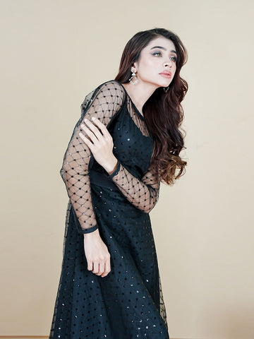 BLACK RUTH - EMBROIDERED LONG NET DRESS