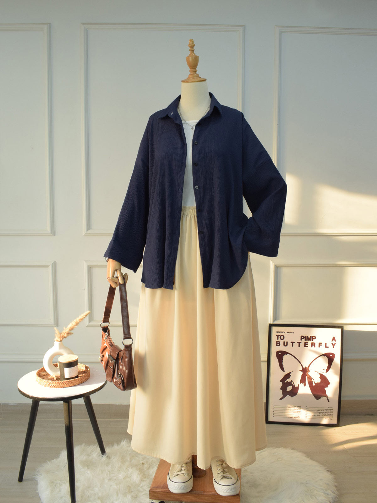 Blair navy blue textured oversized button down shirt - front view