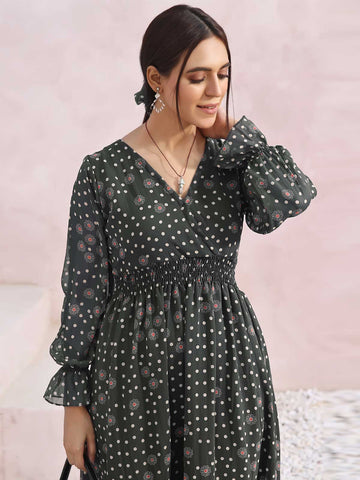 EDITH - POLKADOT GREY FLORAL LONG DRESS