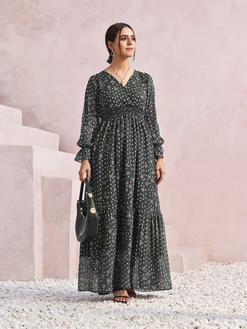 EDITH - POLKADOT GREY FLORAL LONG DRESS