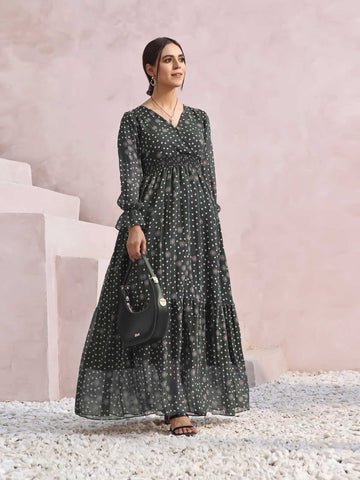 EDITH - POLKADOT GREY FLORAL LONG DRESS