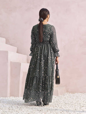 EDITH - POLKADOT GREY FLORAL LONG DRESS