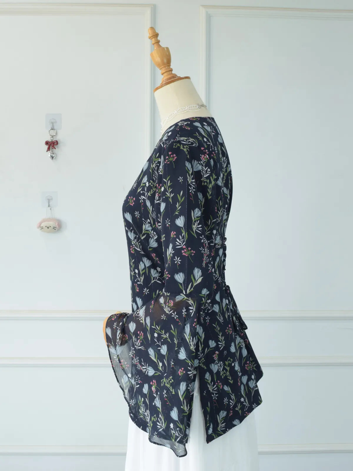 Evalisse navy blue floral chiffon kurti — front view on mannequin, full garment shown