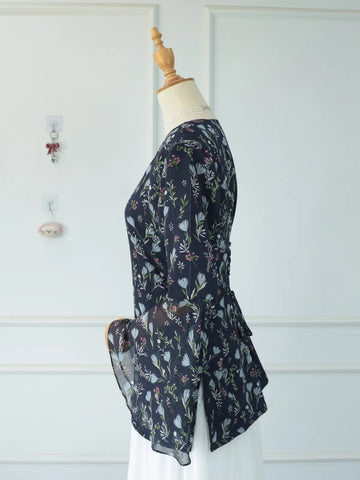 Evalisse navy blue floral chiffon kurti — front view on mannequin, full garment shown