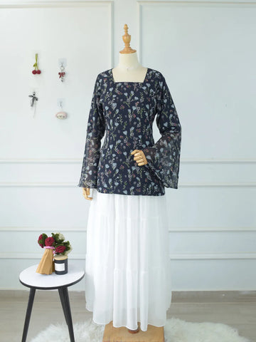 Evalisse navy blue floral kurti — back view showing corset lace-up detail and bell sleeves