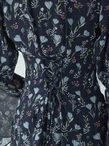 Evalisse navy floral fairy kurti — side profile view showing silhouette and fitted waist