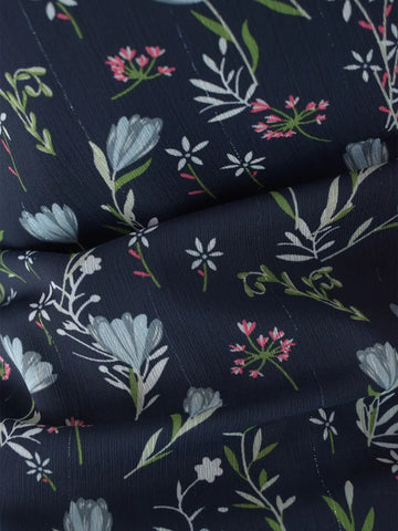 Evalisse navy floral kurti — close-up of square neckline and structured bodice with floral print