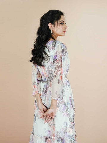 EVARA - WHITE FLORAL LONG DRESS