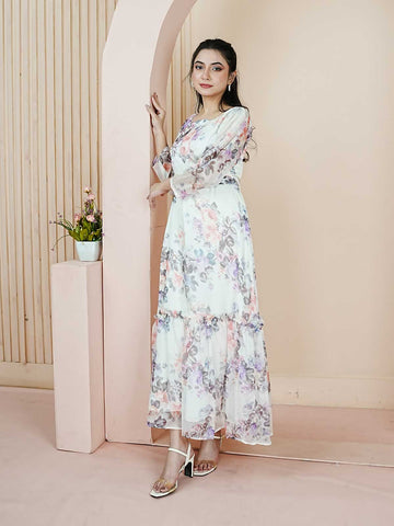 EVARA - WHITE FLORAL LONG DRESS