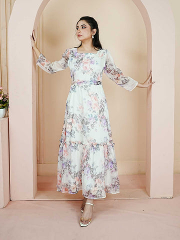 EVARA - WHITE FLORAL LONG DRESS