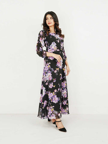 FLEUR- BLACK LONG FLORAL DRESS