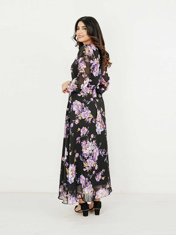 FLEUR- BLACK LONG FLORAL DRESS