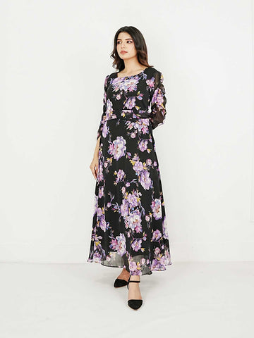 FLEUR- BLACK LONG FLORAL DRESS