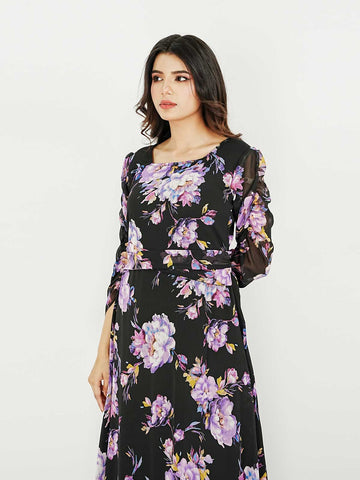 FLEUR- BLACK LONG FLORAL DRESS