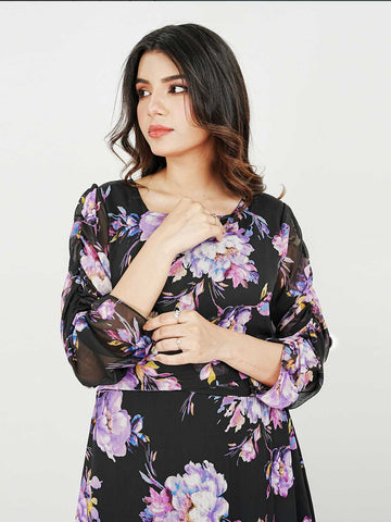 FLEUR- BLACK LONG FLORAL DRESS