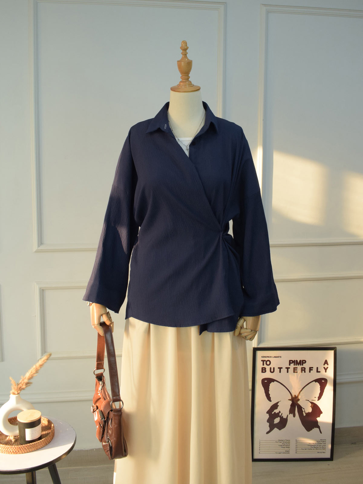 Full outfit look featuring Blair navy blue textured oversized shirt